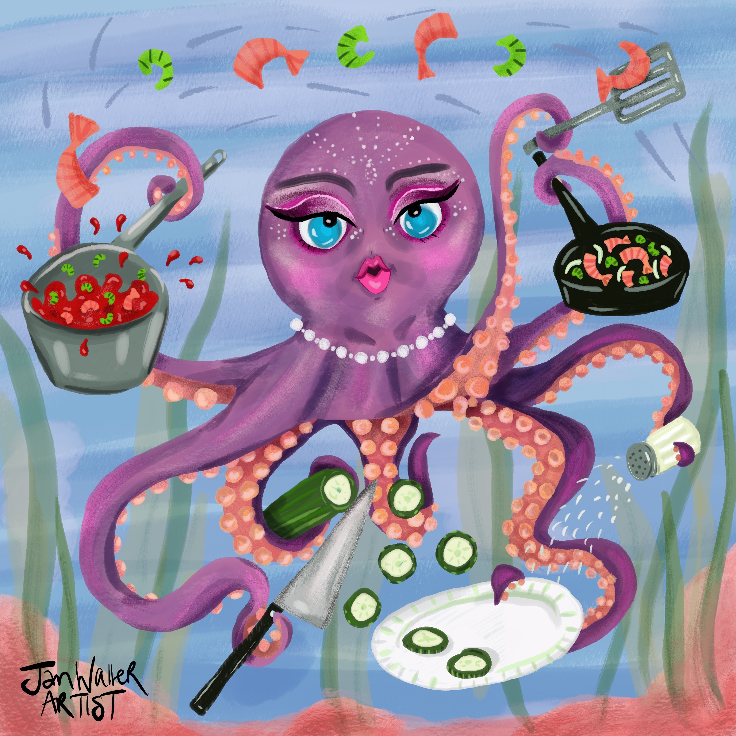 A glamorous, cooking octopus #fridaydoodleclub